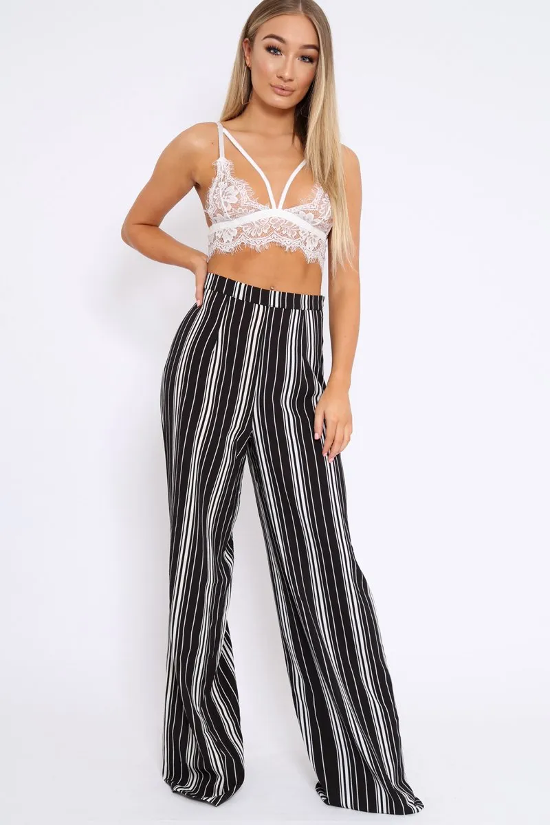 Black and White Stripe Wide Leg Trousers - Krisha