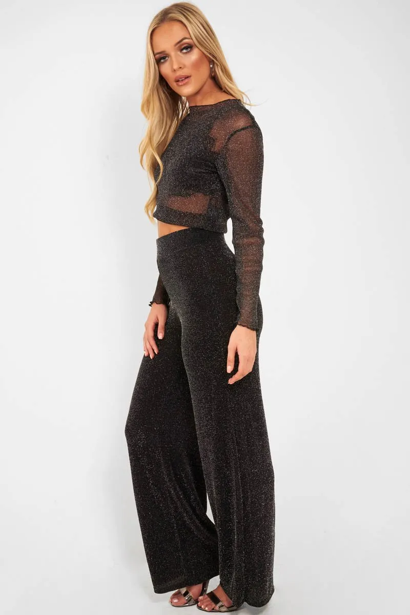 Black Glitter High Waist Wide Leg Trousers - Betsey