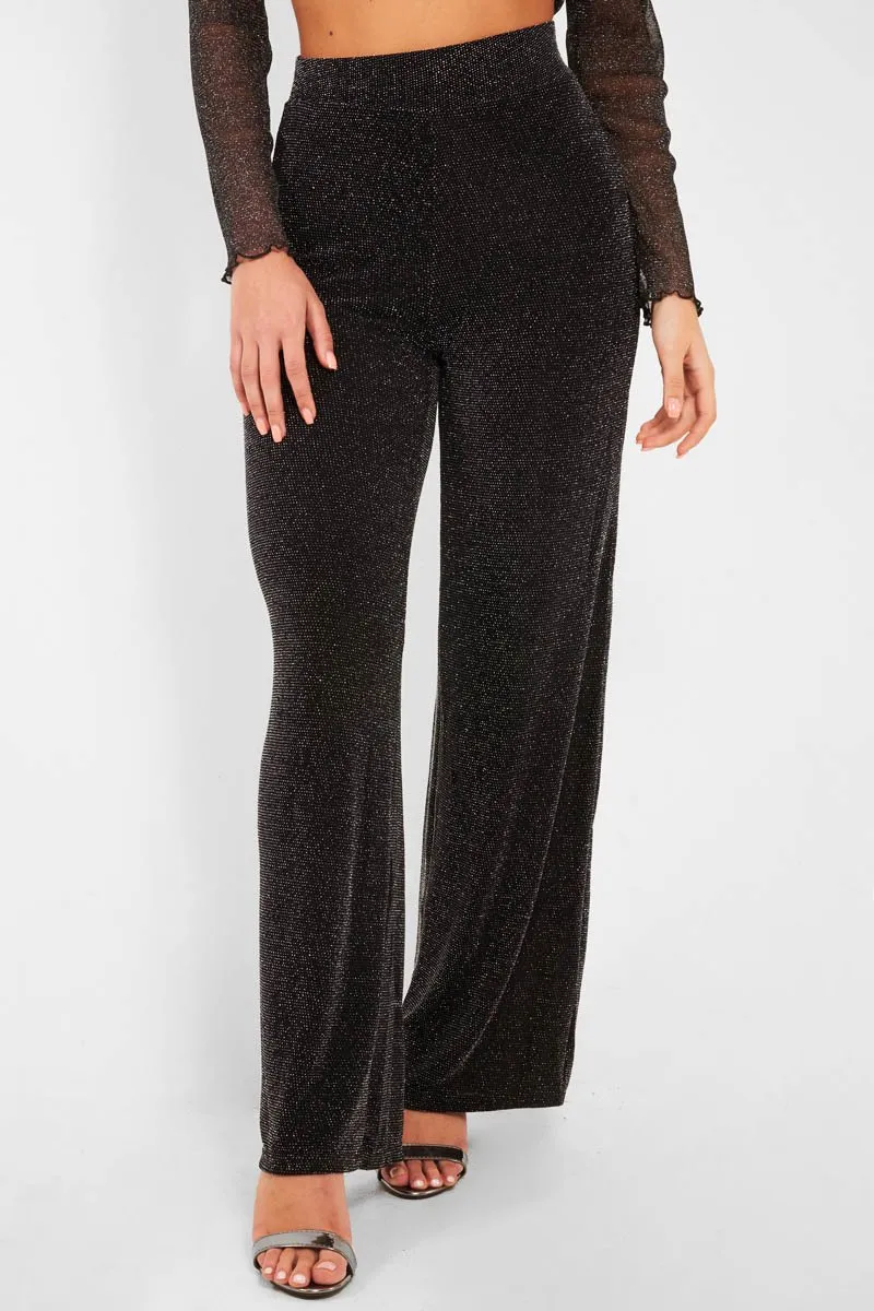 Black Glitter High Waist Wide Leg Trousers - Betsey