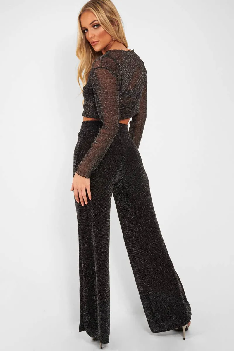 Black Glitter High Waist Wide Leg Trousers - Betsey