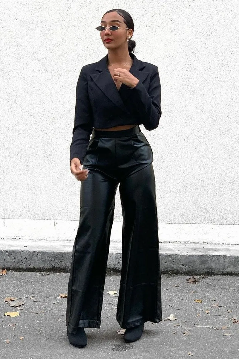 Black High Waist Wide Leg Faux Leather Trousers - Hanika