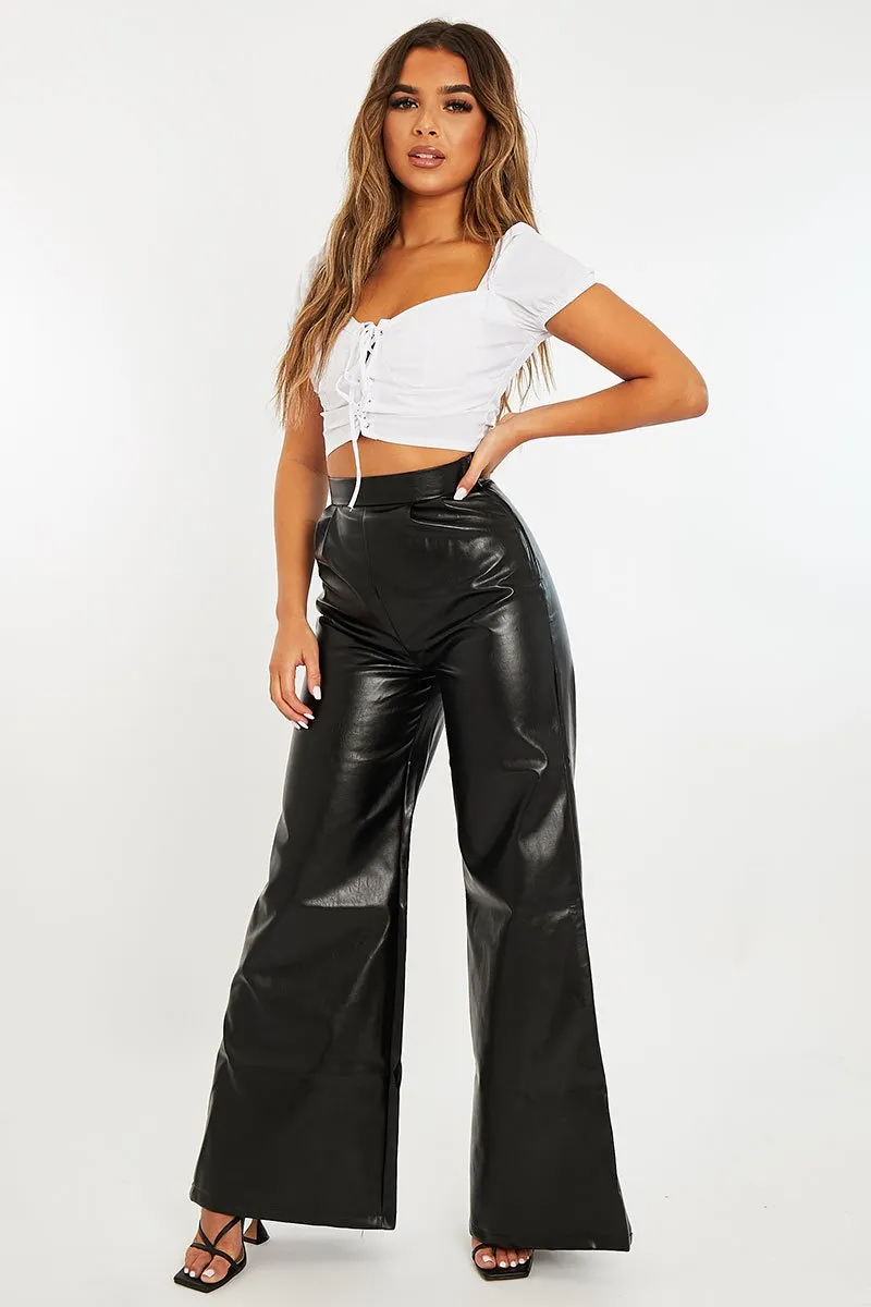 Black High Waist Wide Leg Faux Leather Trousers - Hanika