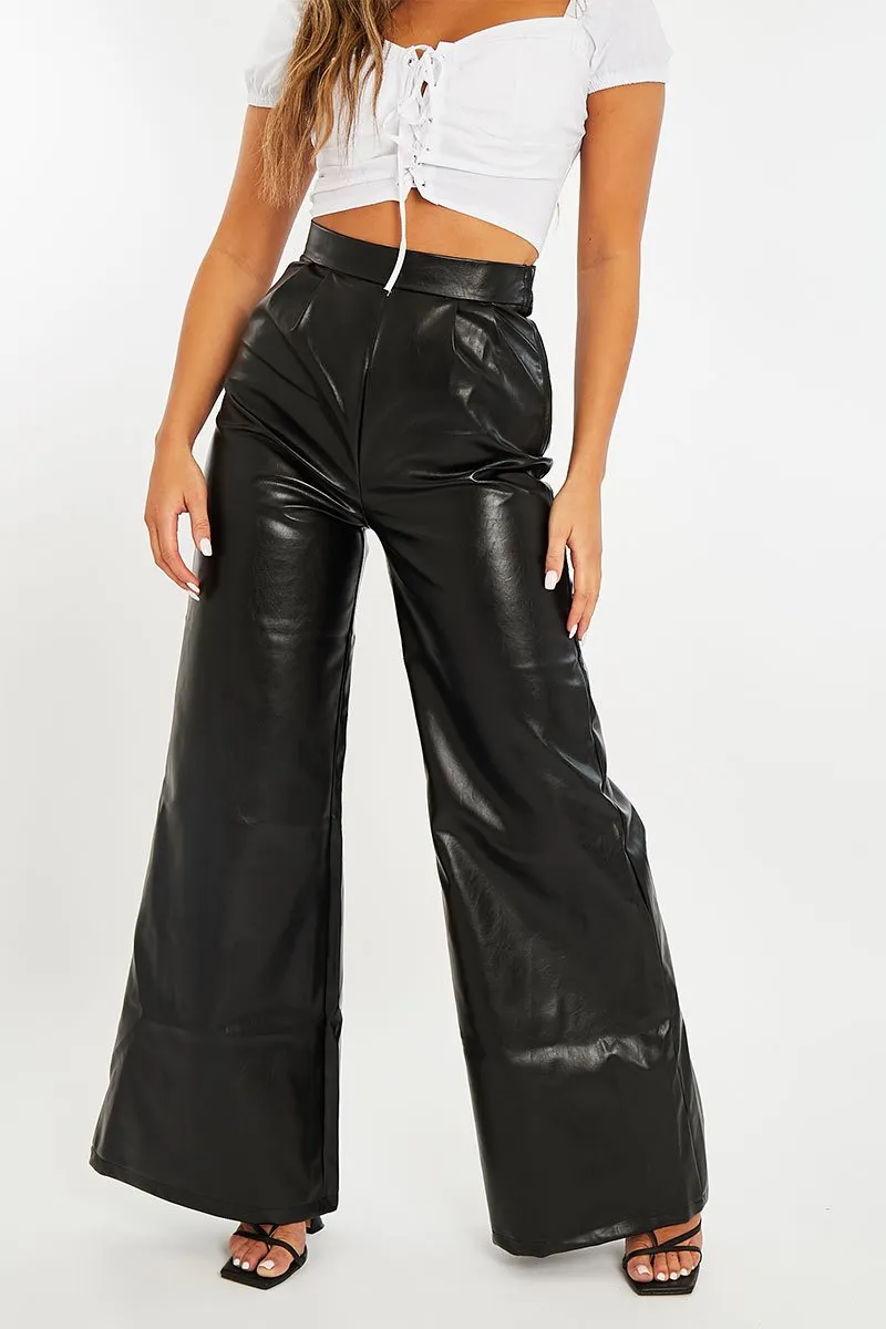 Black High Waist Wide Leg Faux Leather Trousers - Hanika