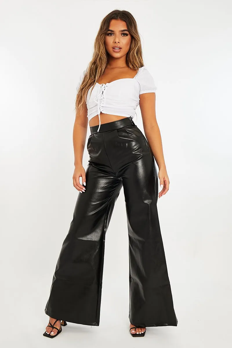 Black High Waist Wide Leg Faux Leather Trousers - Hanika