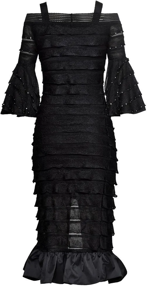 Black Off-Shoulder Studded Knit Tiered Midi Dress