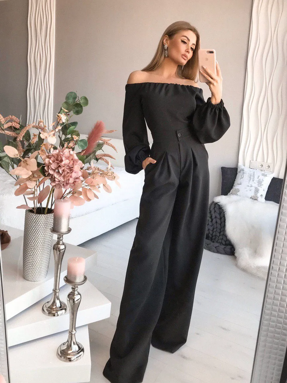 Black Off-the-shoulder Crop Top & High Waist Pants