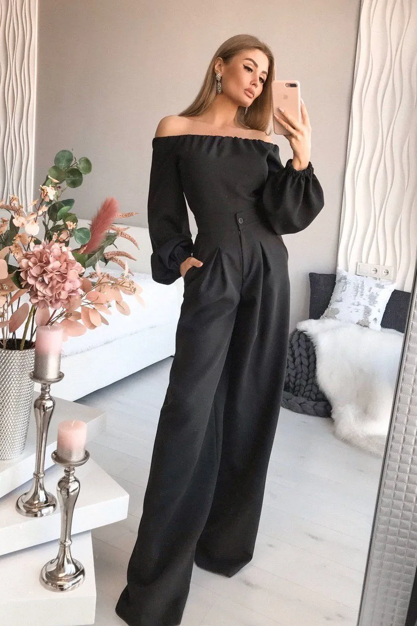 Black Off-the-shoulder Crop Top & High Waist Pants