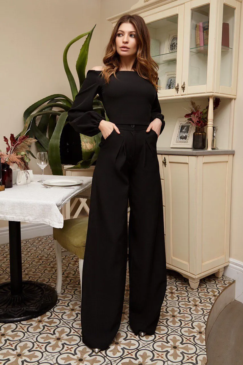 Black Off-the-shoulder Crop Top & High Waist Pants