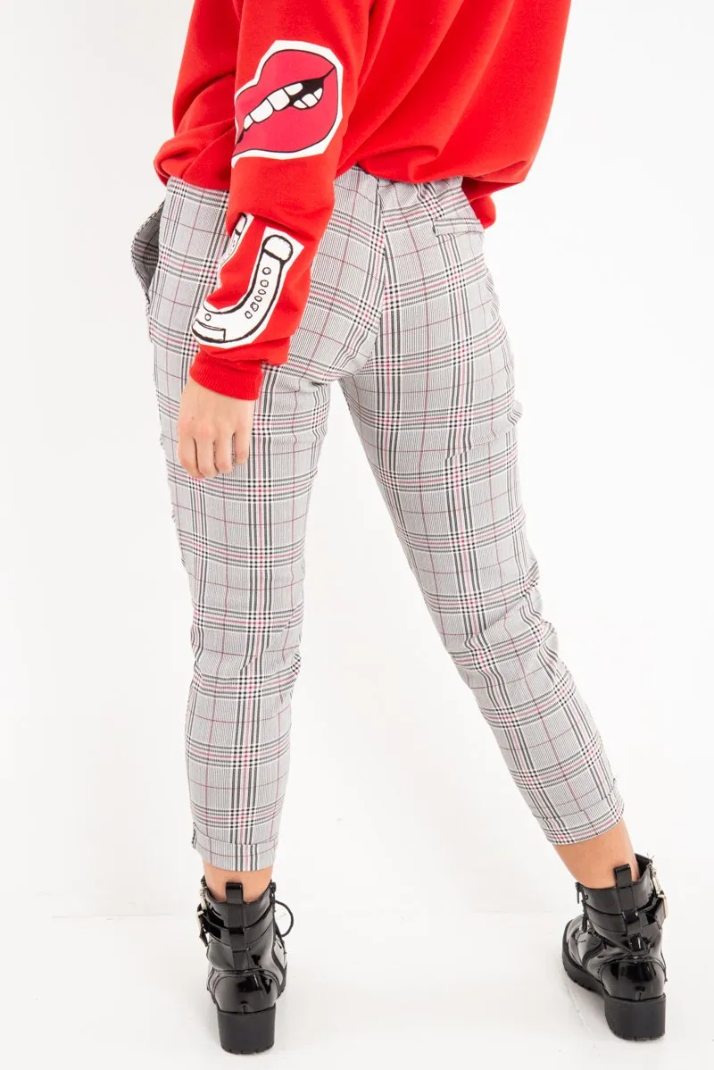 Black Red Check Ruffle Waist Skinny Trousers - Lecy