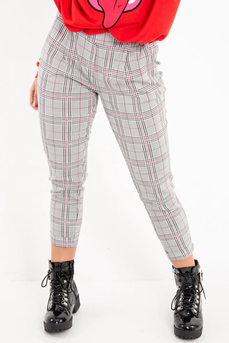 Black Red Check Ruffle Waist Skinny Trousers - Lecy