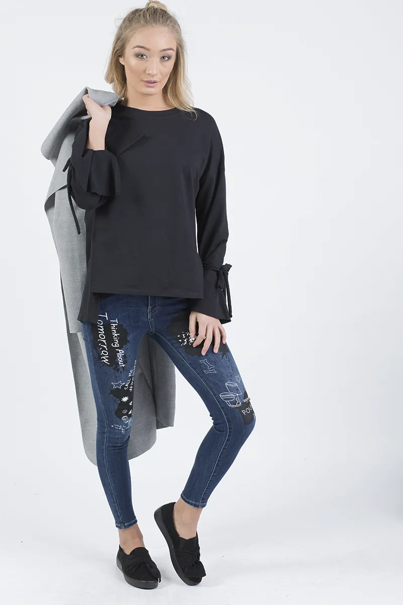 Black Tied Arm Bell Sleeve Top - Poppy