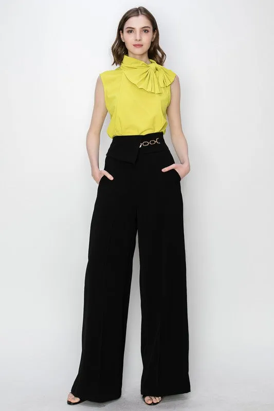 Black Waist Flap Chain Detail Wide Pants