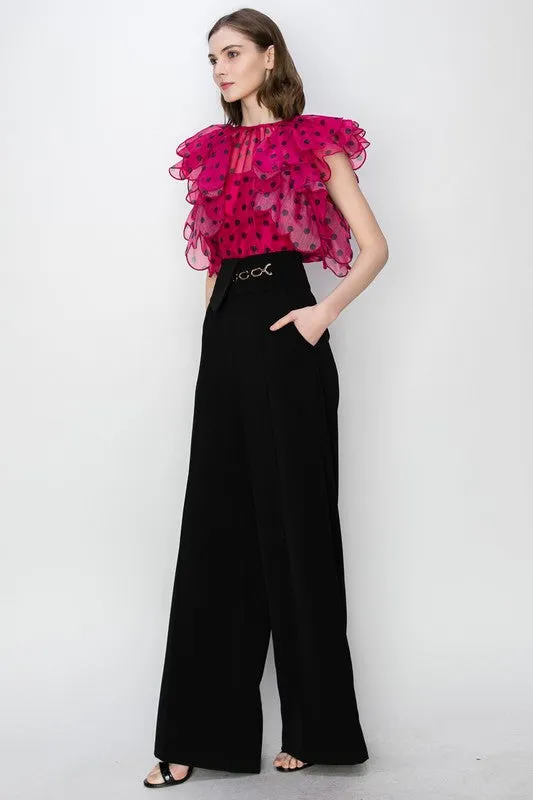 Black Waist Flap Chain Detail Wide Pants