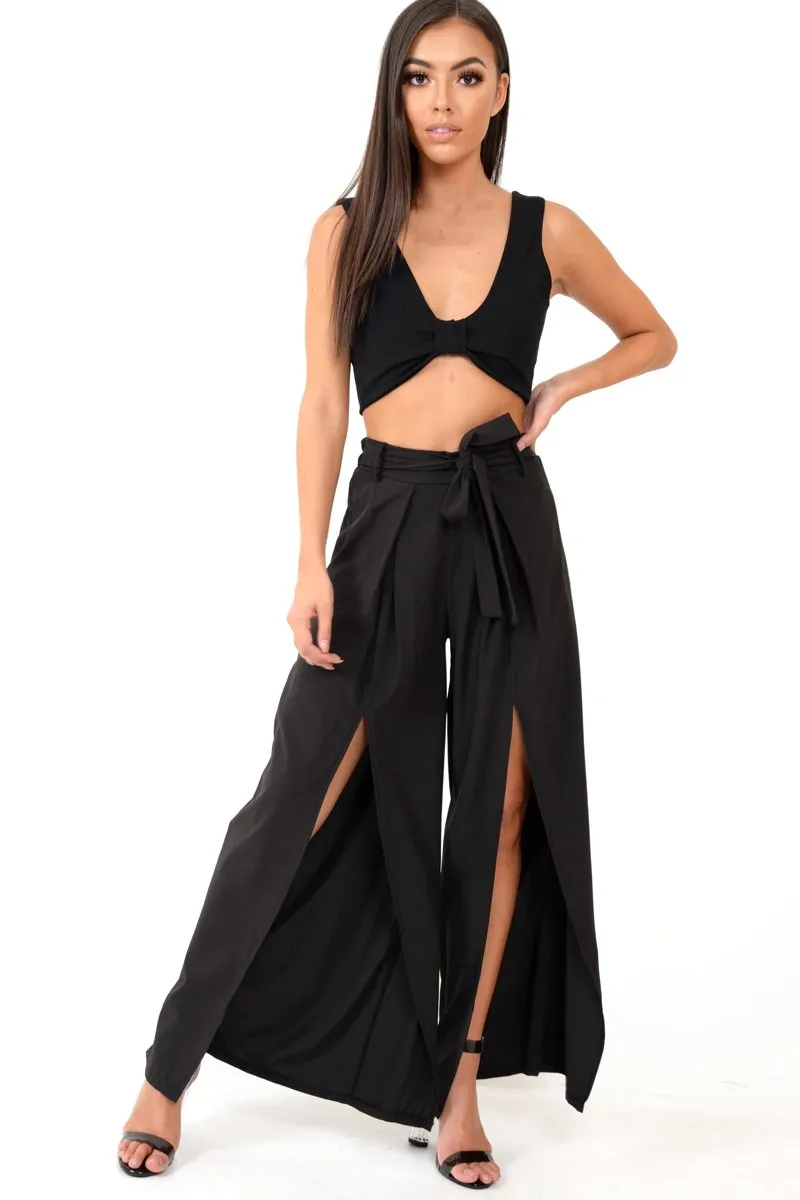 Black Wide Leg Belted Split Front Trousers - Aamira