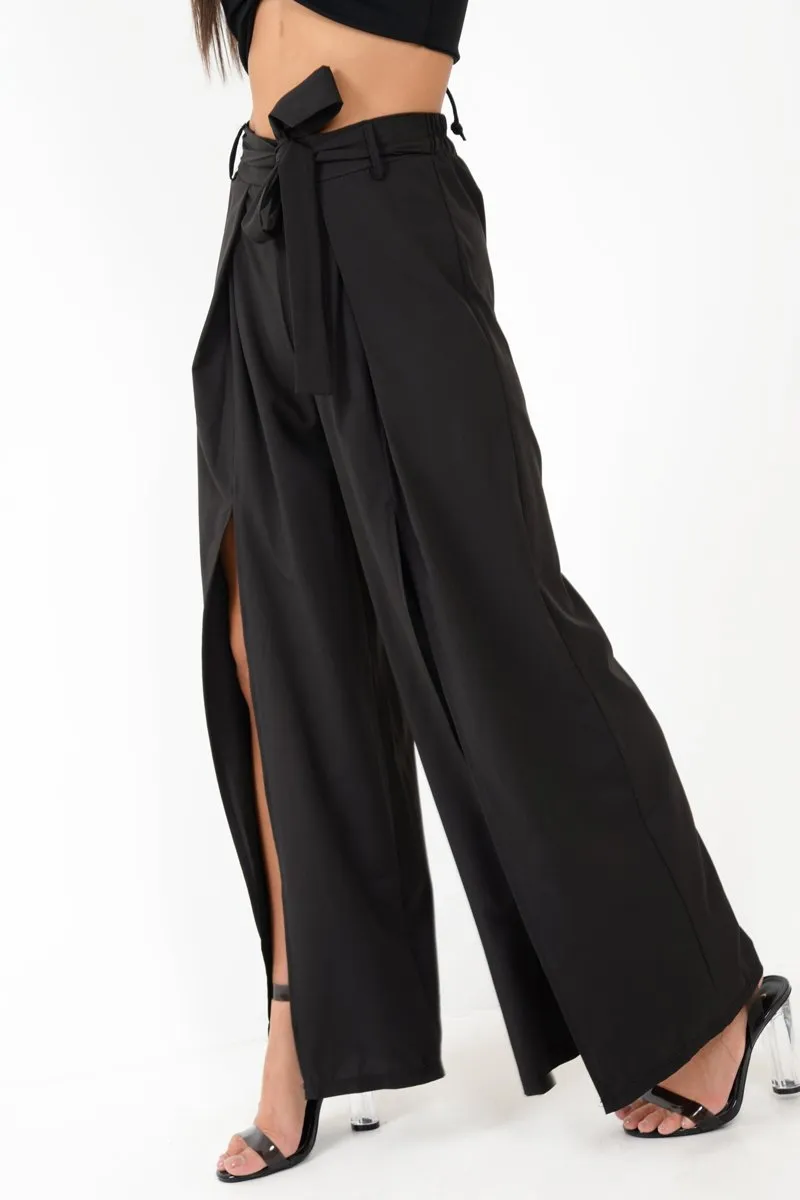 Black Wide Leg Belted Split Front Trousers - Aamira