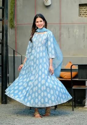 Blue & White Embroidered Hand Block Anarkali Kurta With Trousers & Dupatta