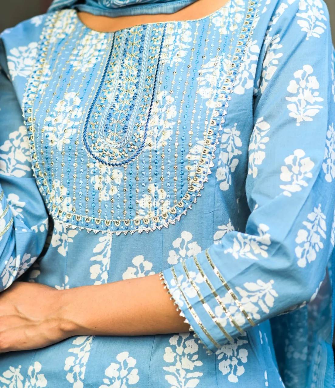 Blue & White Embroidered Hand Block Anarkali Kurta With Trousers & Dupatta