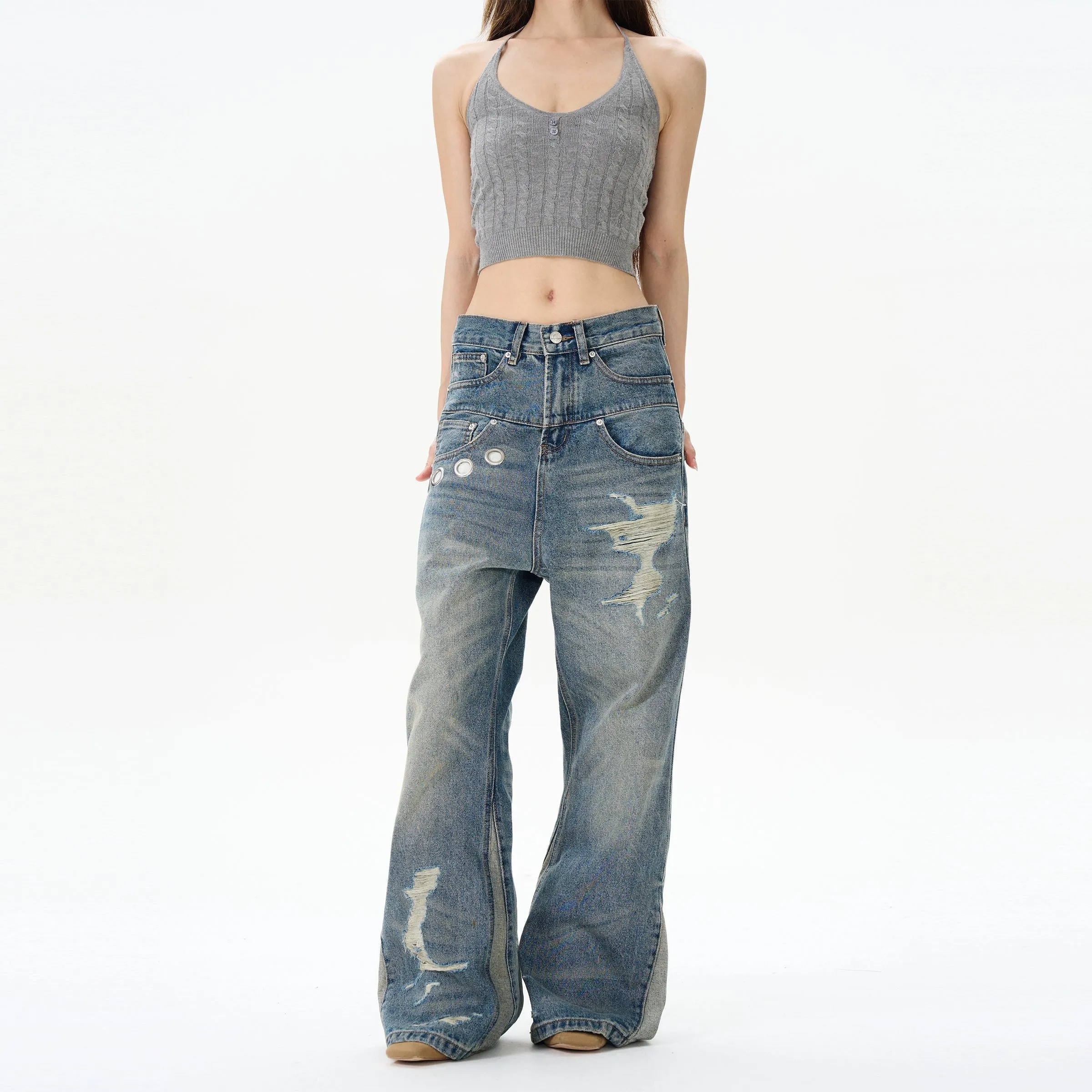 Blue High Waist Straight Jeans