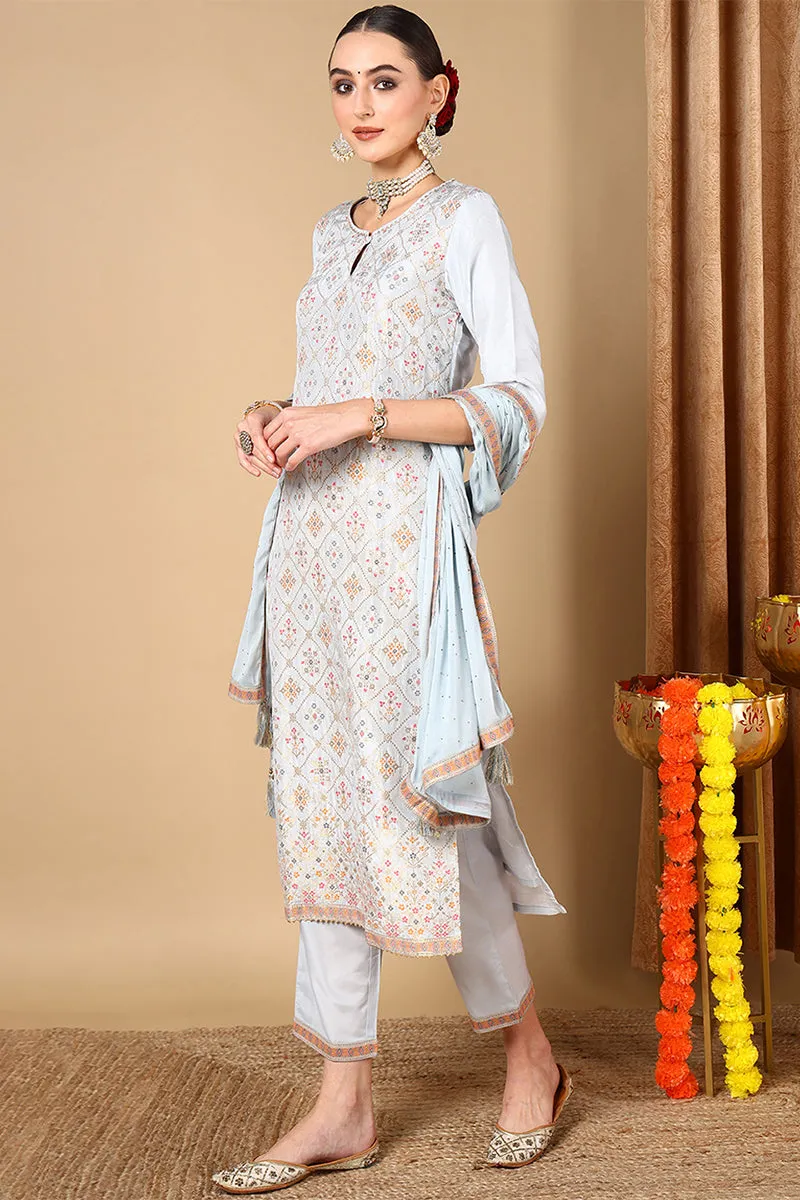 Blue Silk Blend Straight Woven Design Kurta Pant With Dupatta