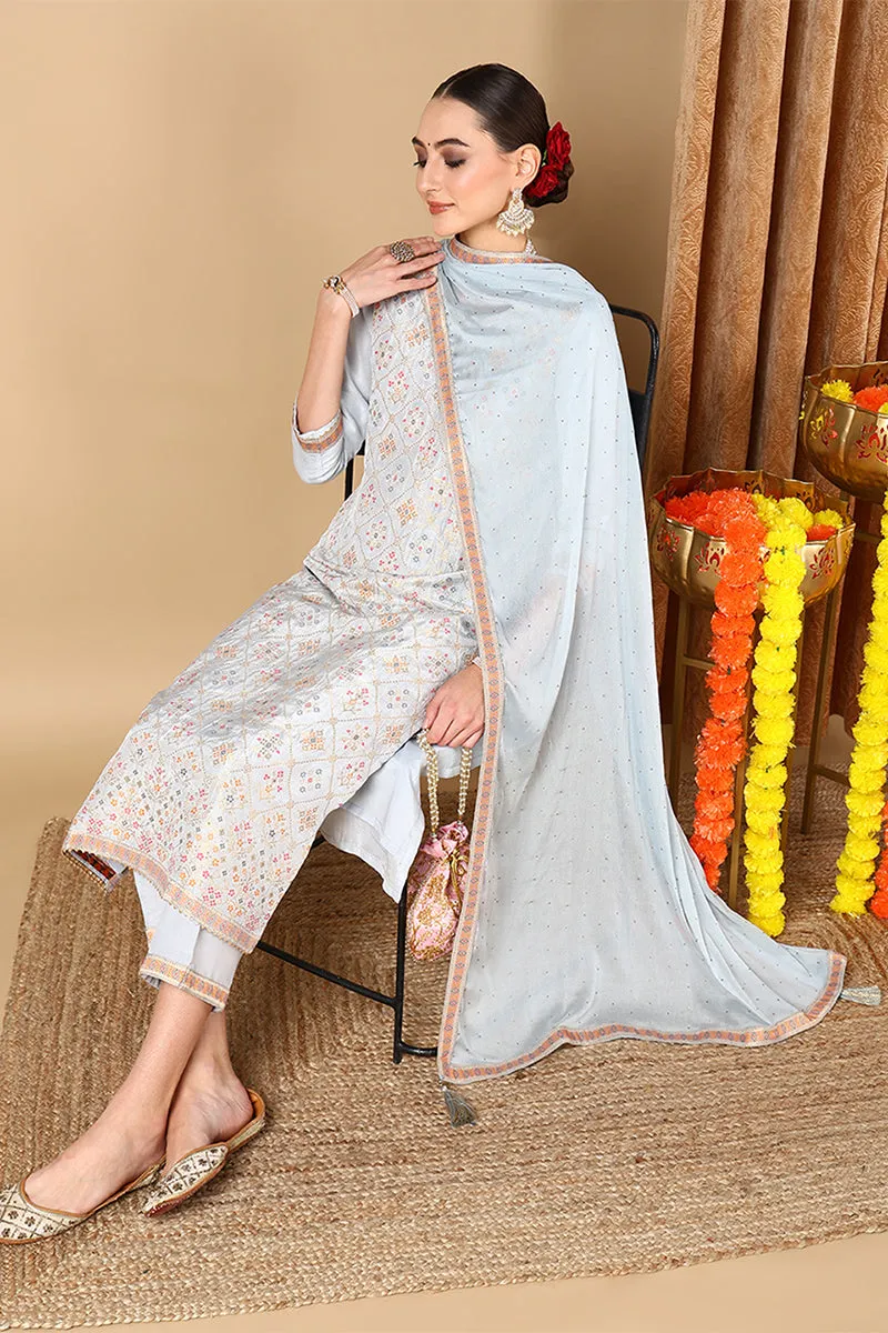 Blue Silk Blend Straight Woven Design Kurta Pant With Dupatta