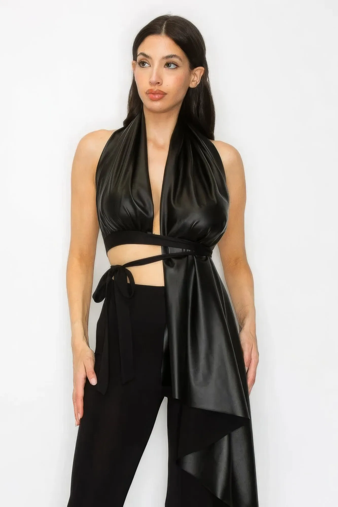 Blue Zone Planet |  Bella's Faux Leather Halter Top and Asymmetrical Pants Set