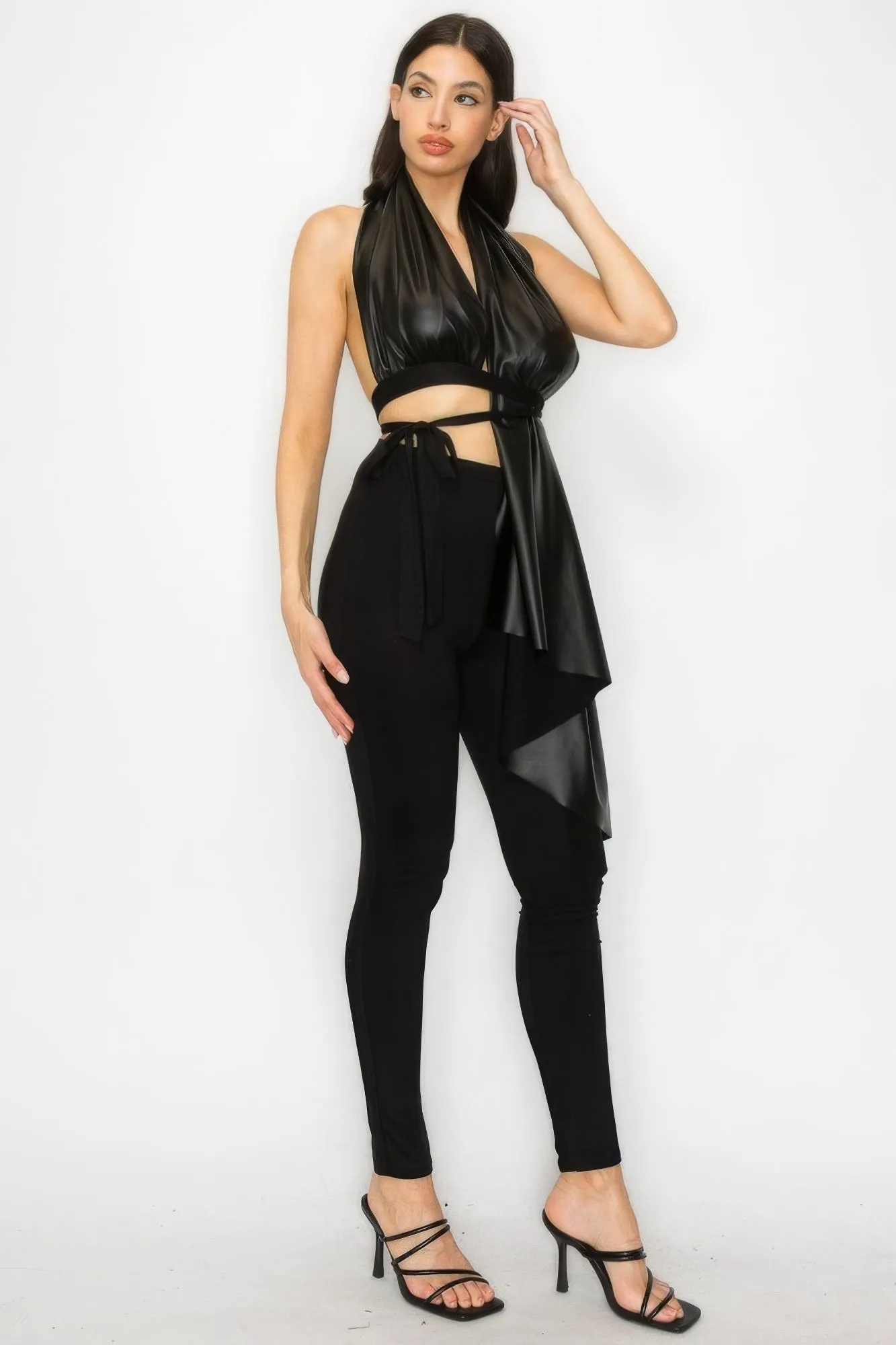 Blue Zone Planet |  Bella's Faux Leather Halter Top and Asymmetrical Pants Set