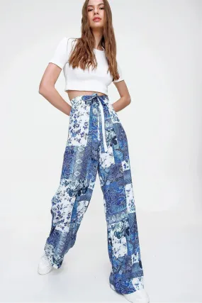 Boho Casual Fit Women's Trousers,Floral and Traditional Patterned,Elastic Waist,High Waist,Lace Detail,Trend Trousers,Loose Wide Leg Pant