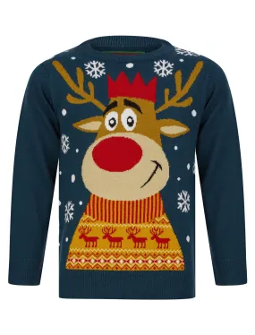 Boy's Reindeer Smile Novelty Christmas Jumper in Teal - Merry Christmas Kids (4-12yrs)