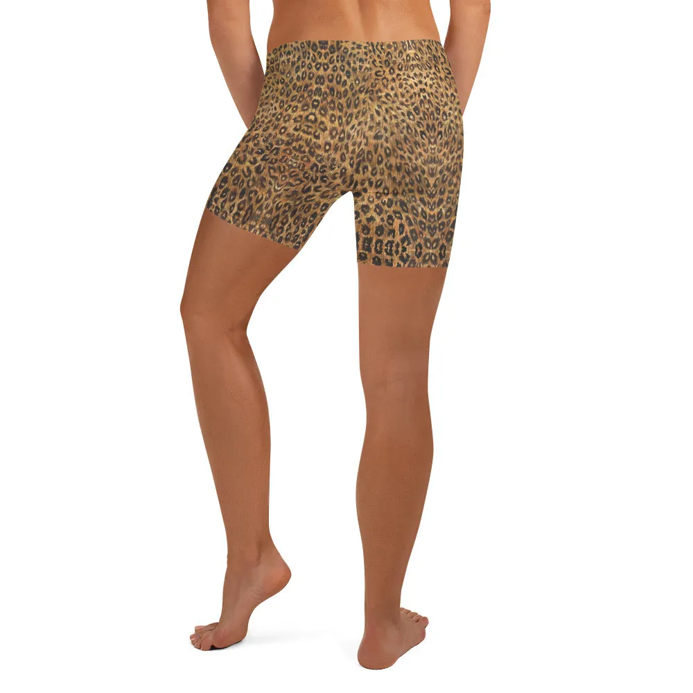 Brown Leopard Women's Shorts, Animal Print Stretchy Comfy Elastic Tights-Made in USA/EU