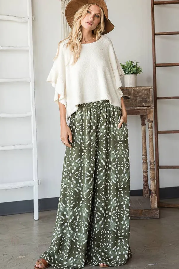 Bucketlist Print Smocked Waist Maxi Pants