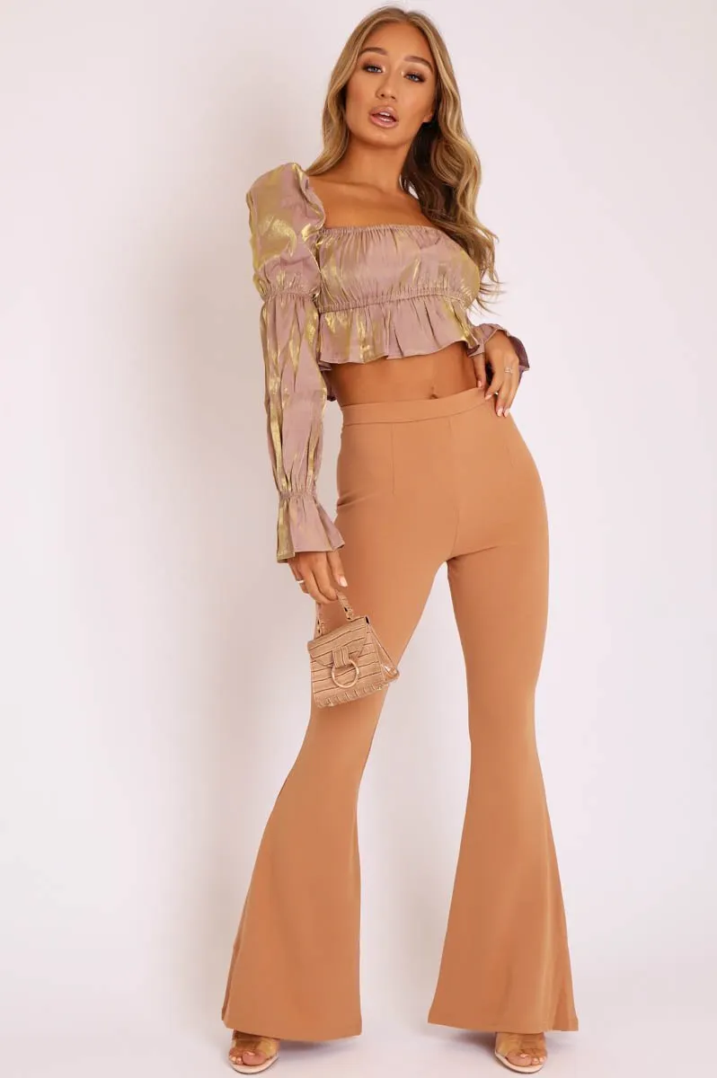 Camel High Waisted Side Zip Flare Trousers - Billie