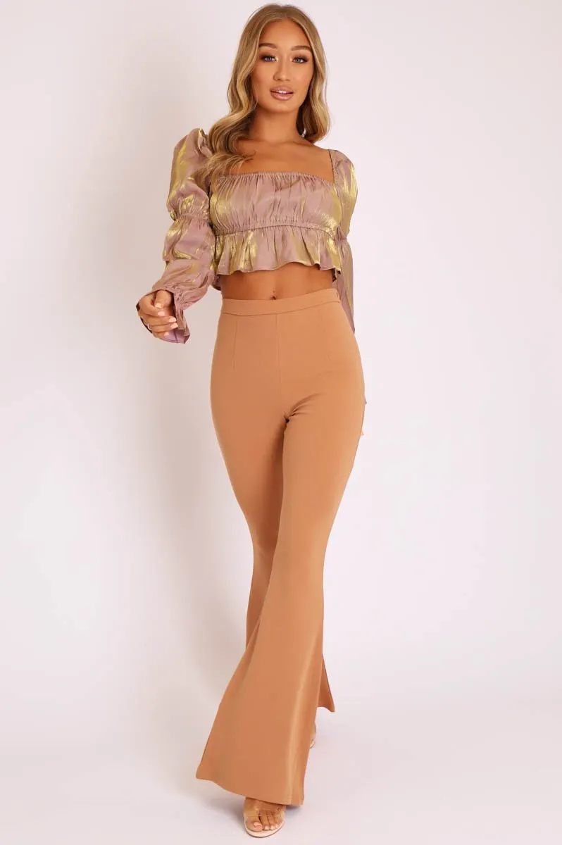 Camel High Waisted Side Zip Flare Trousers - Billie