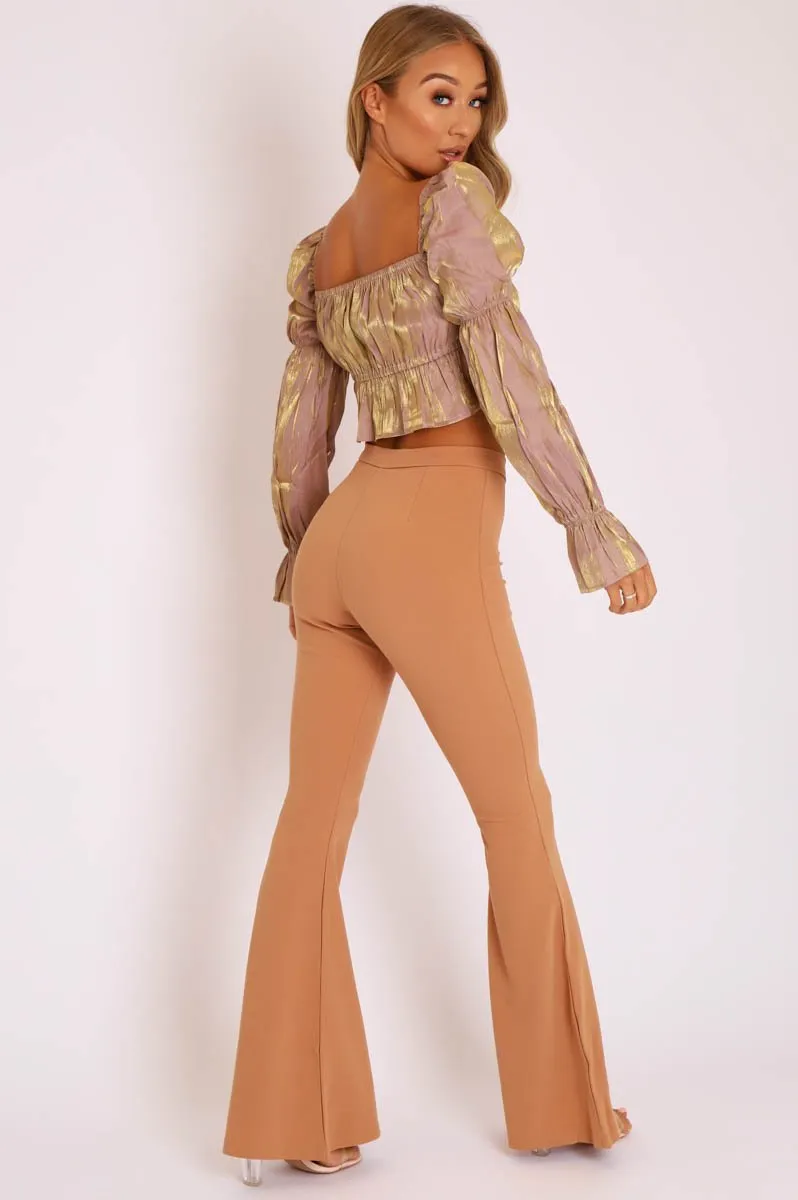 Camel High Waisted Side Zip Flare Trousers - Billie