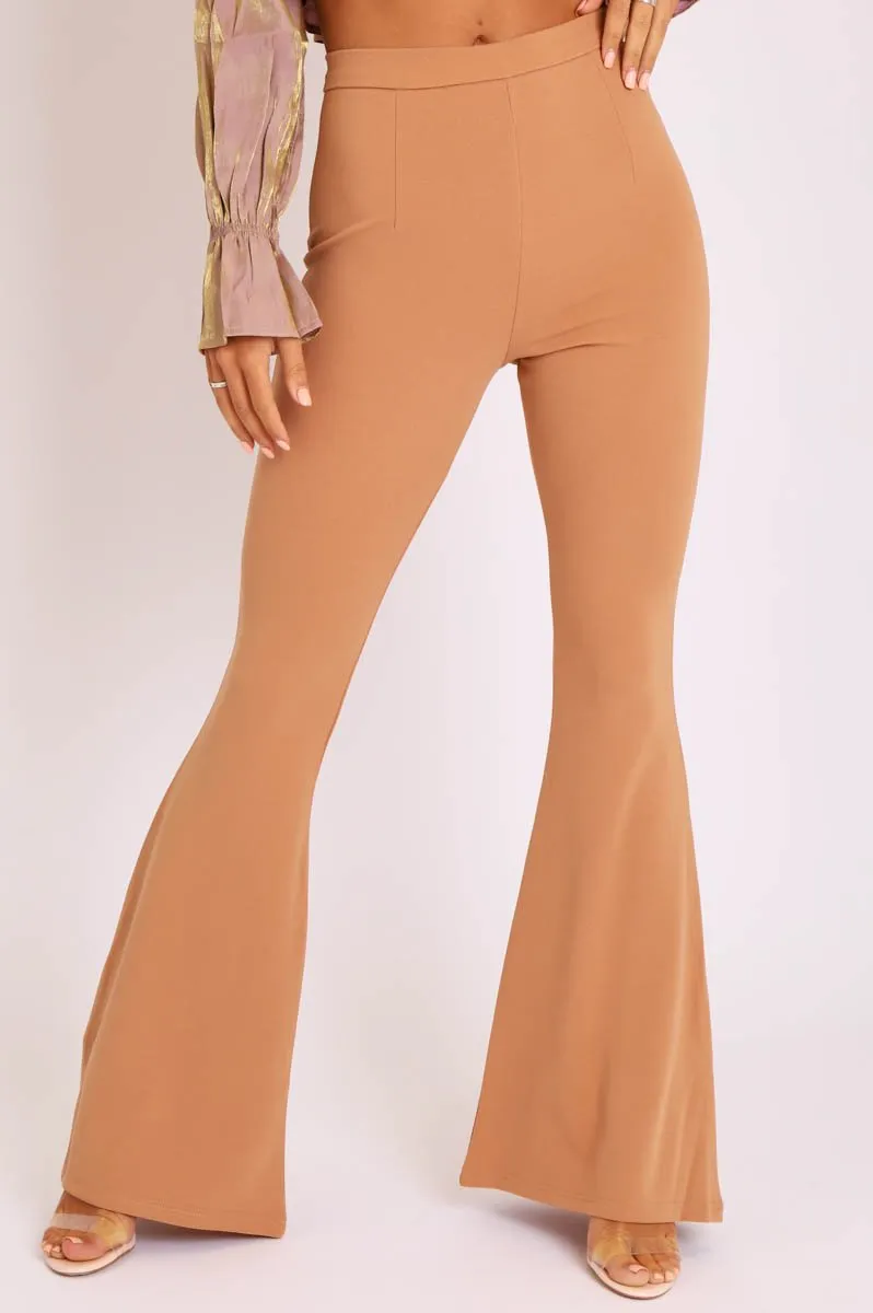 Camel High Waisted Side Zip Flare Trousers - Billie