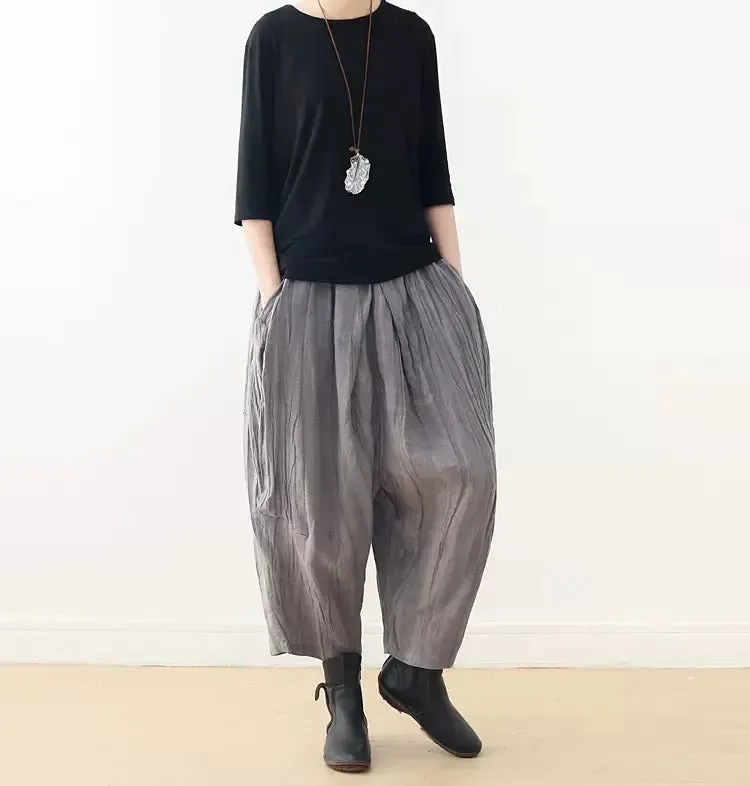 Casual Linen Wide-Leg Pants with Pleated Texture for Women