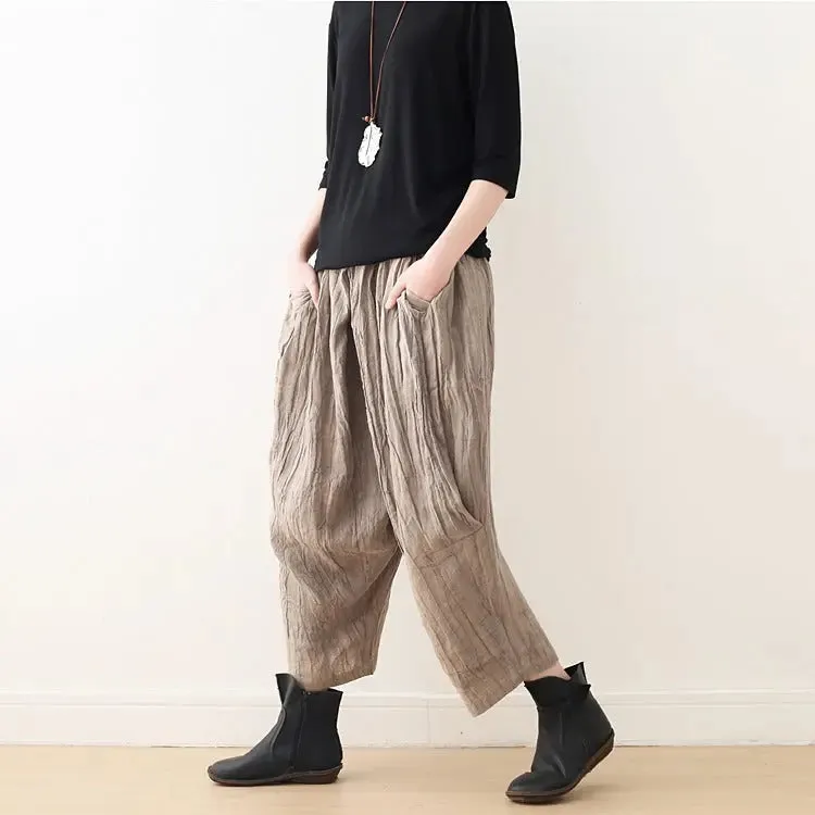 Casual Linen Wide-Leg Pants with Pleated Texture for Women