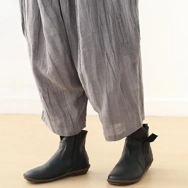 Casual Linen Wide-Leg Pants with Pleated Texture for Women