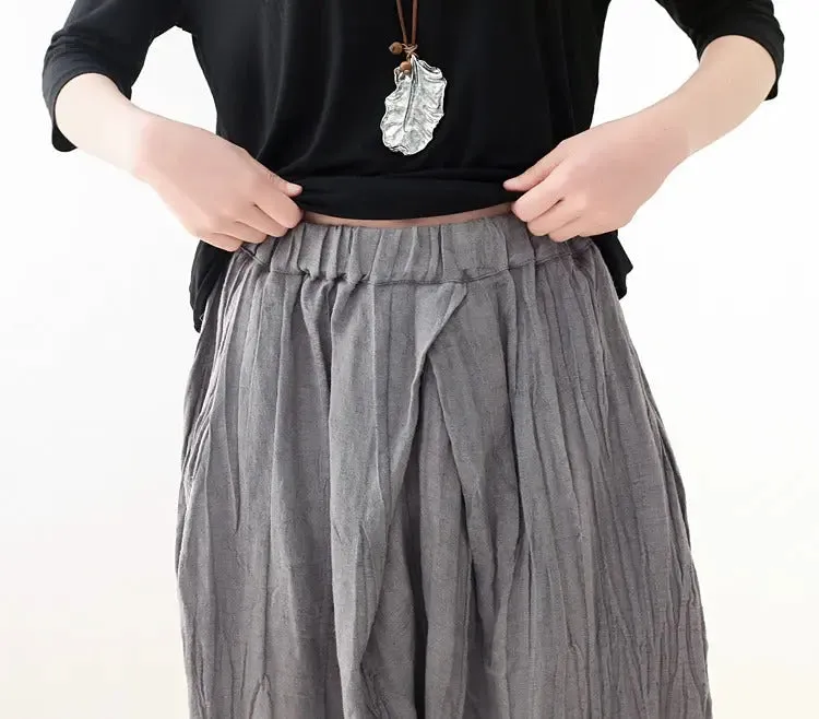 Casual Linen Wide-Leg Pants with Pleated Texture for Women