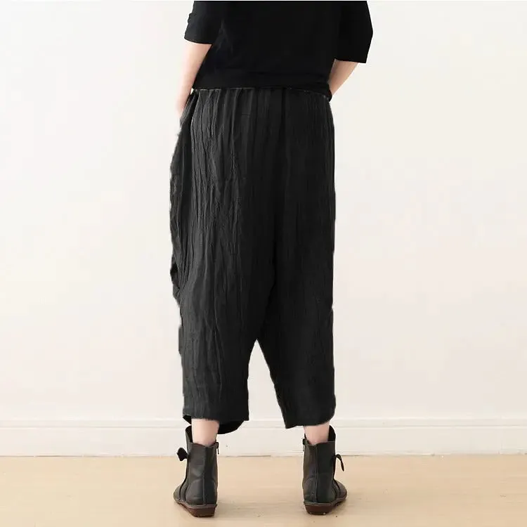 Casual Linen Wide-Leg Pants with Pleated Texture for Women