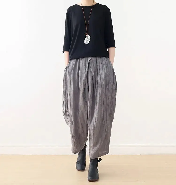 Casual Linen Wide-Leg Pants with Pleated Texture for Women