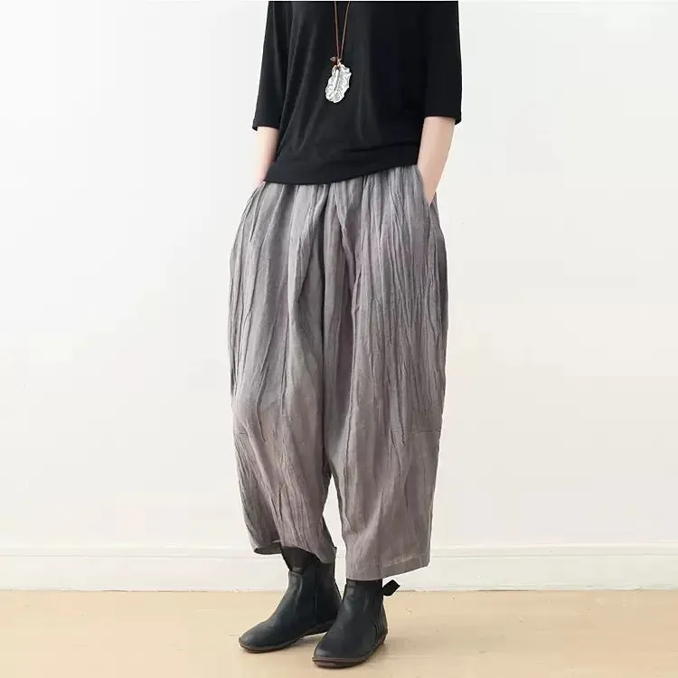 Casual Linen Wide-Leg Pants with Pleated Texture for Women