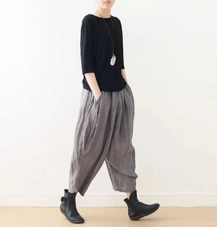 Casual Linen Wide-Leg Pants with Pleated Texture for Women