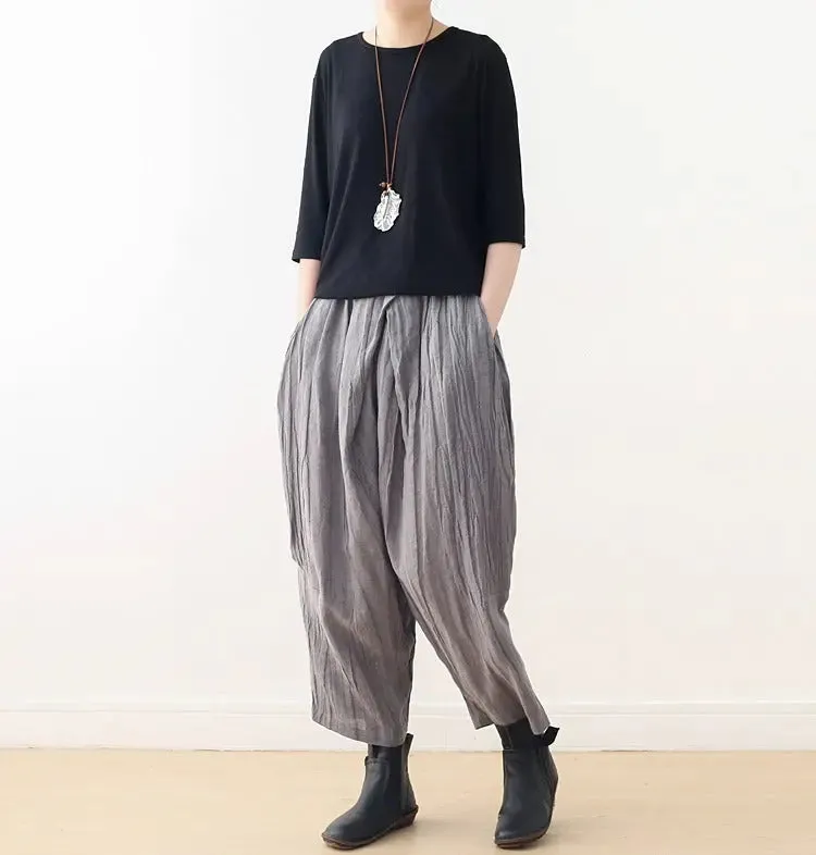 Casual Linen Wide-Leg Pants with Pleated Texture for Women