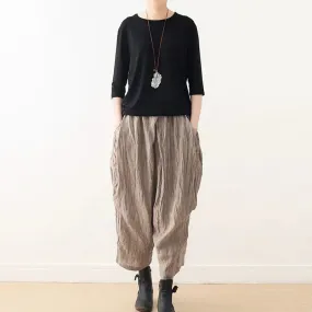 Casual Linen Wide-Leg Pants with Pleated Texture for Women