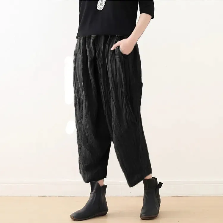 Casual Linen Wide-Leg Pants with Pleated Texture for Women