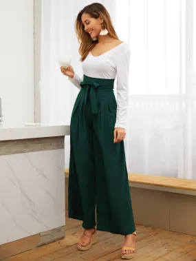 Casual Plain Belted High Waist Long Women Pants