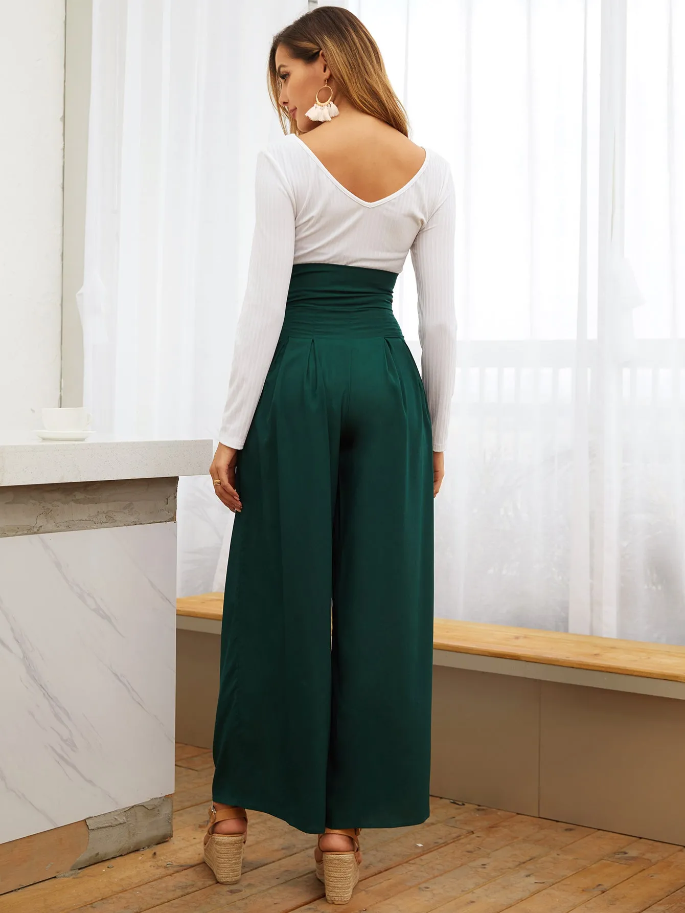 Casual Plain Belted High Waist Long Women Pants