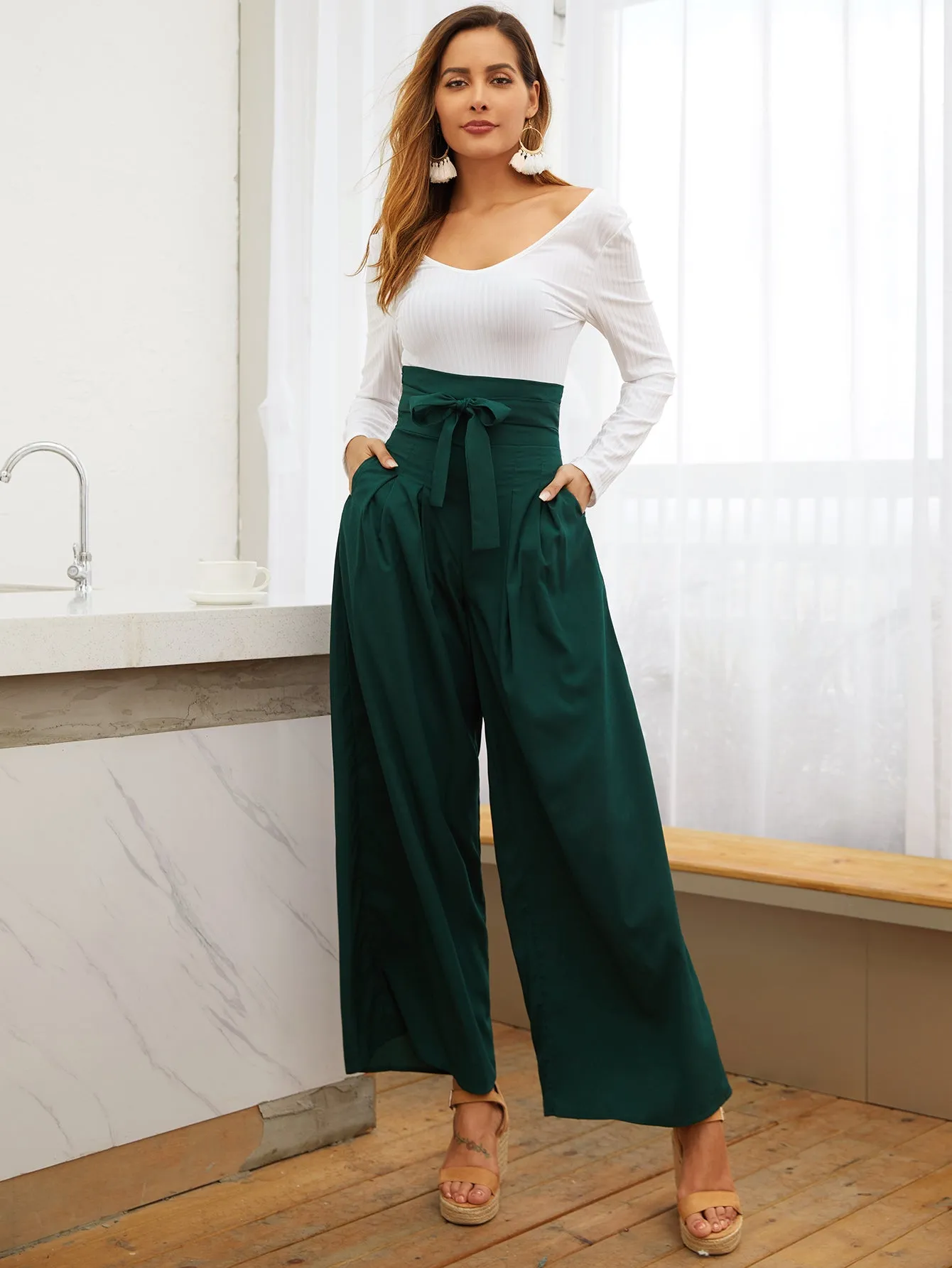 Casual Plain Belted High Waist Long Women Pants