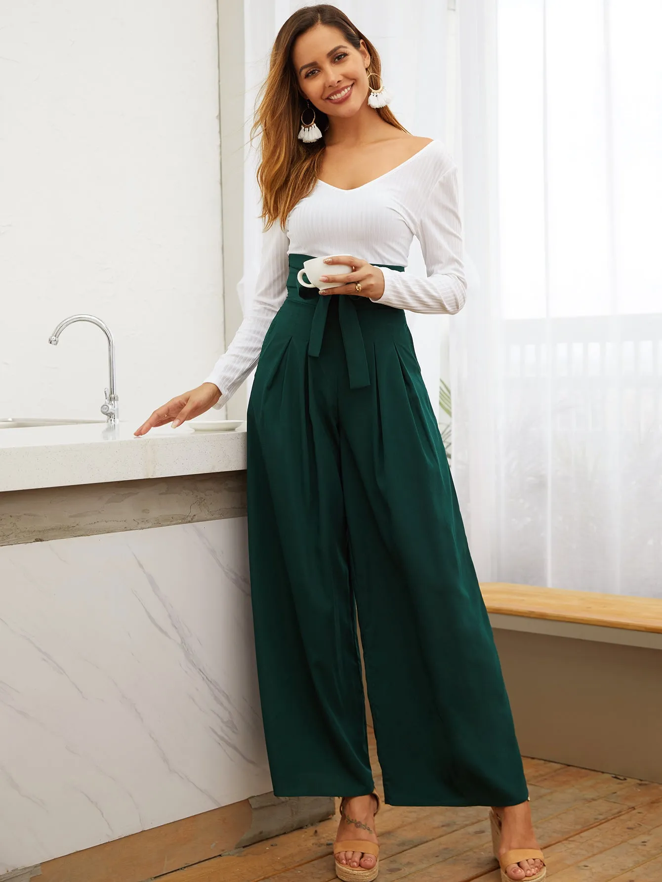 Casual Plain Belted High Waist Long Women Pants