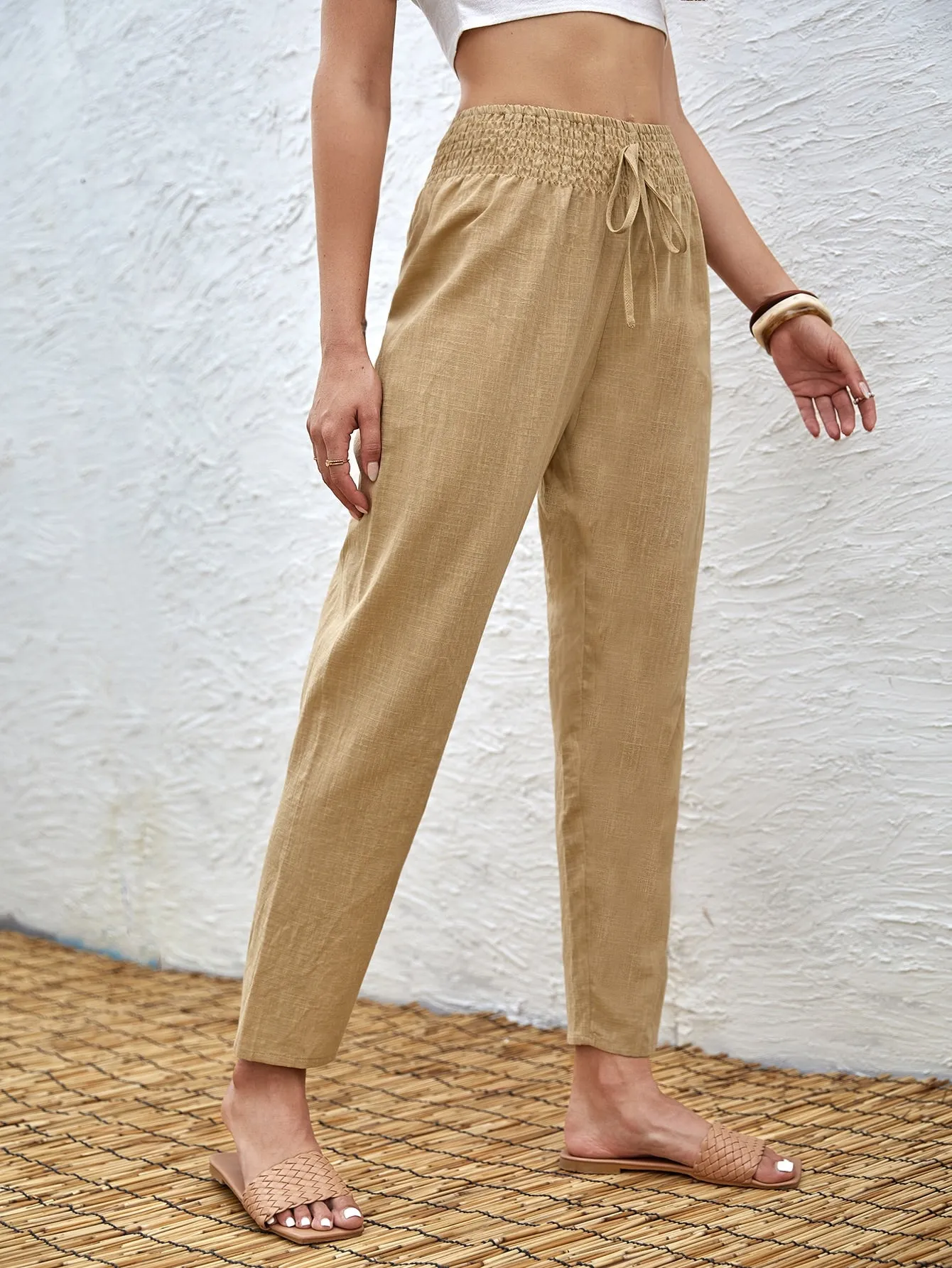 Casual Plain Shirred High Waist Cropped Women Pants